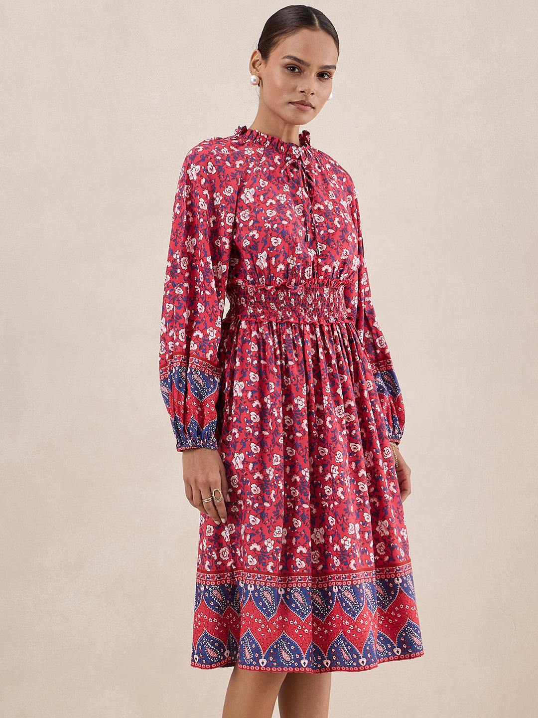 Red  Floral Border Printed Smocked Detail Midi Dress