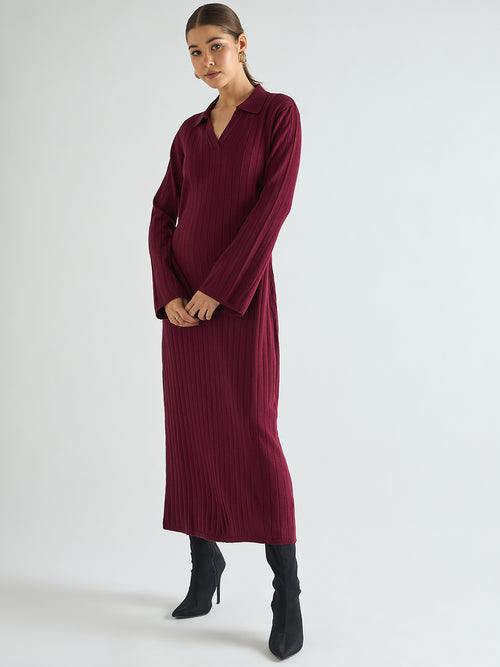 Wine Collared Sweater Maxi Dress