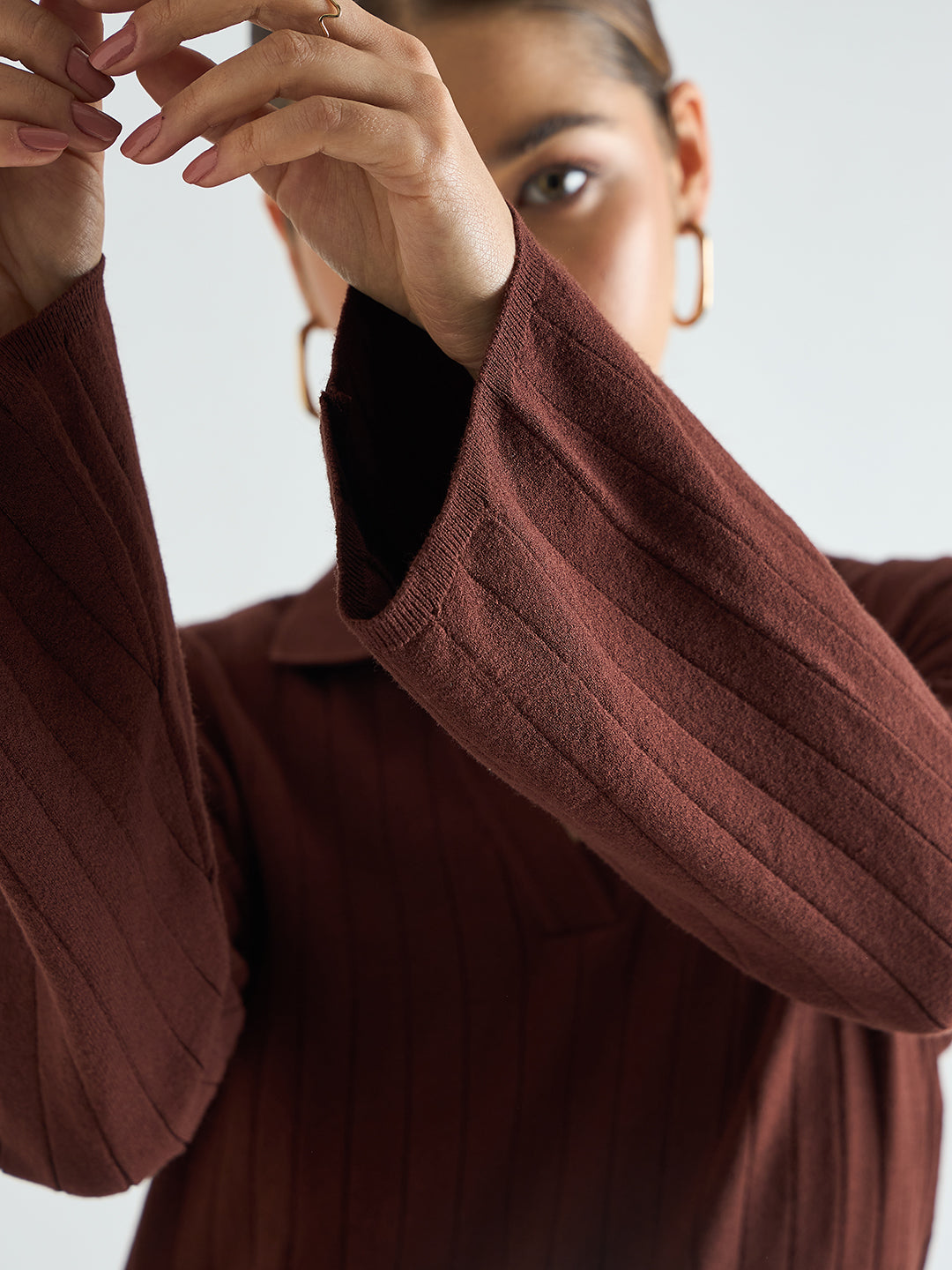 Coffee Brown Collared Sweater Maxi Dress