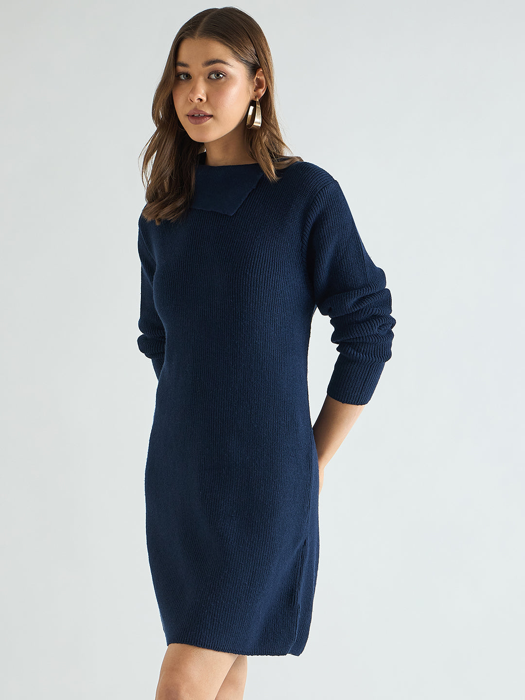 Navy High Neck Sweater Knee Length Dress