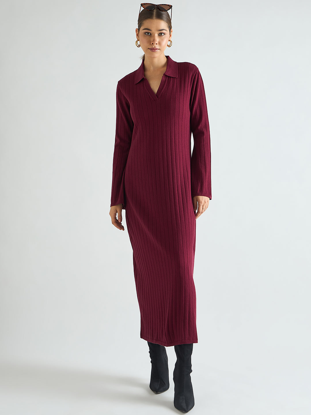 Wine Collared Sweater Maxi Dress