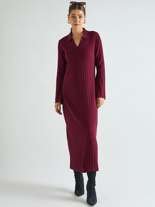 Wine Collared Sweater Maxi Dress