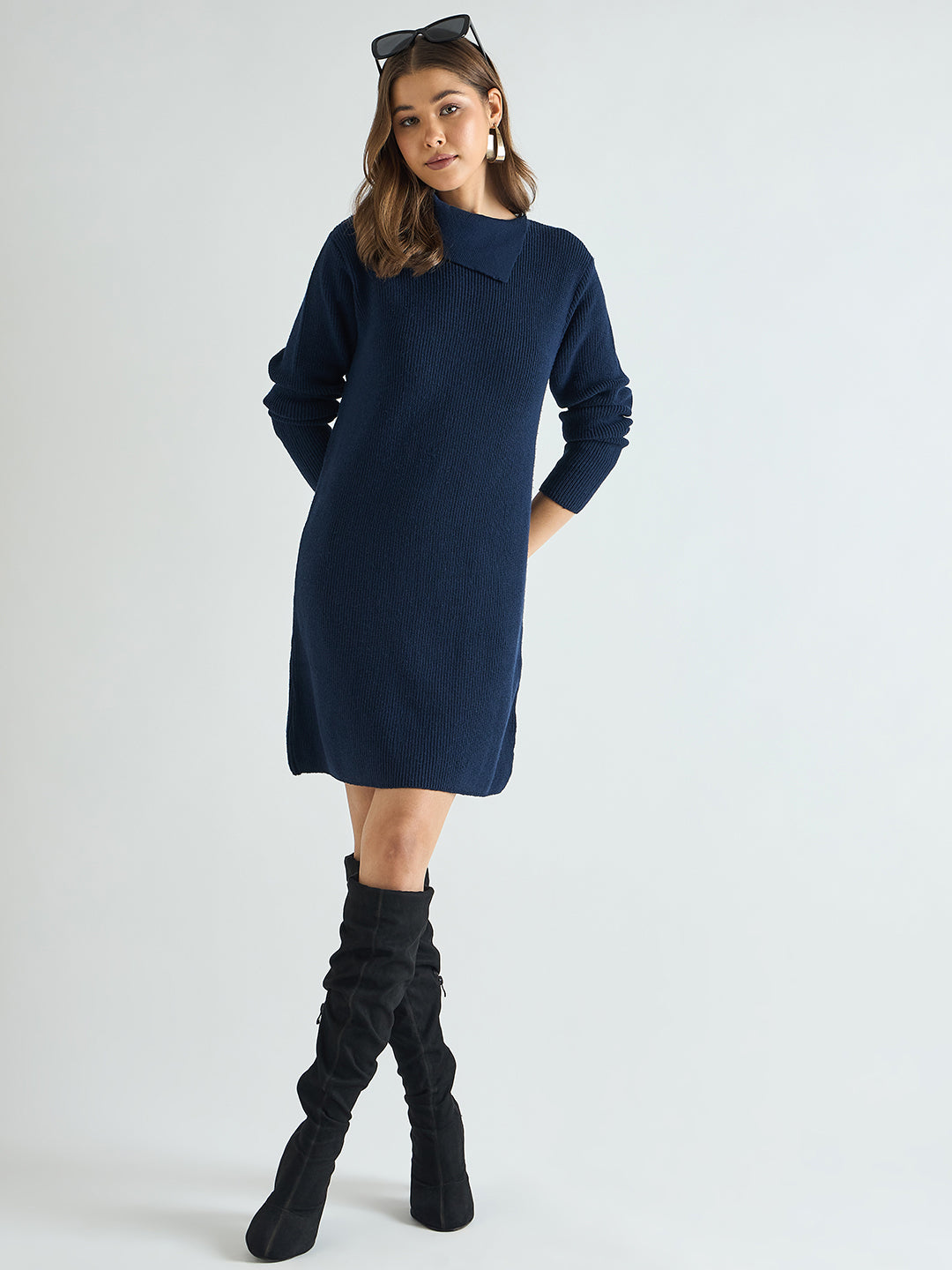 Navy High Neck Sweater Knee Length Dress