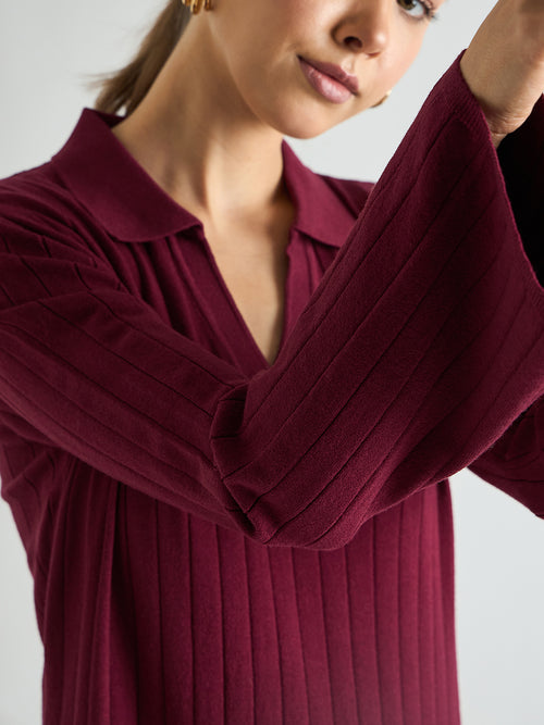 Wine Collared Sweater Maxi Dress