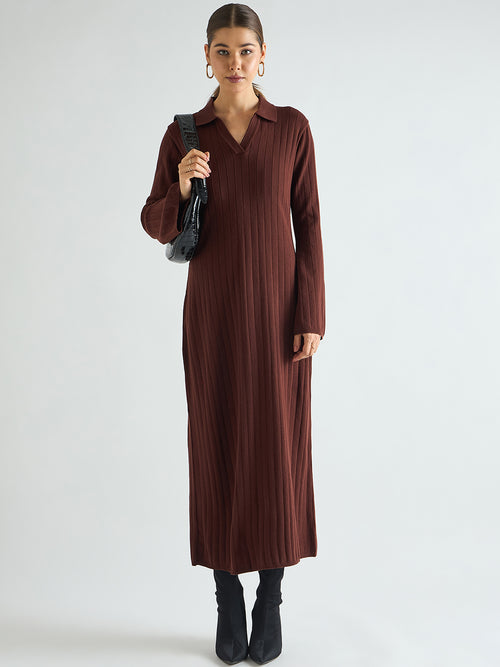 Coffee Brown Collared Sweater Maxi Dress