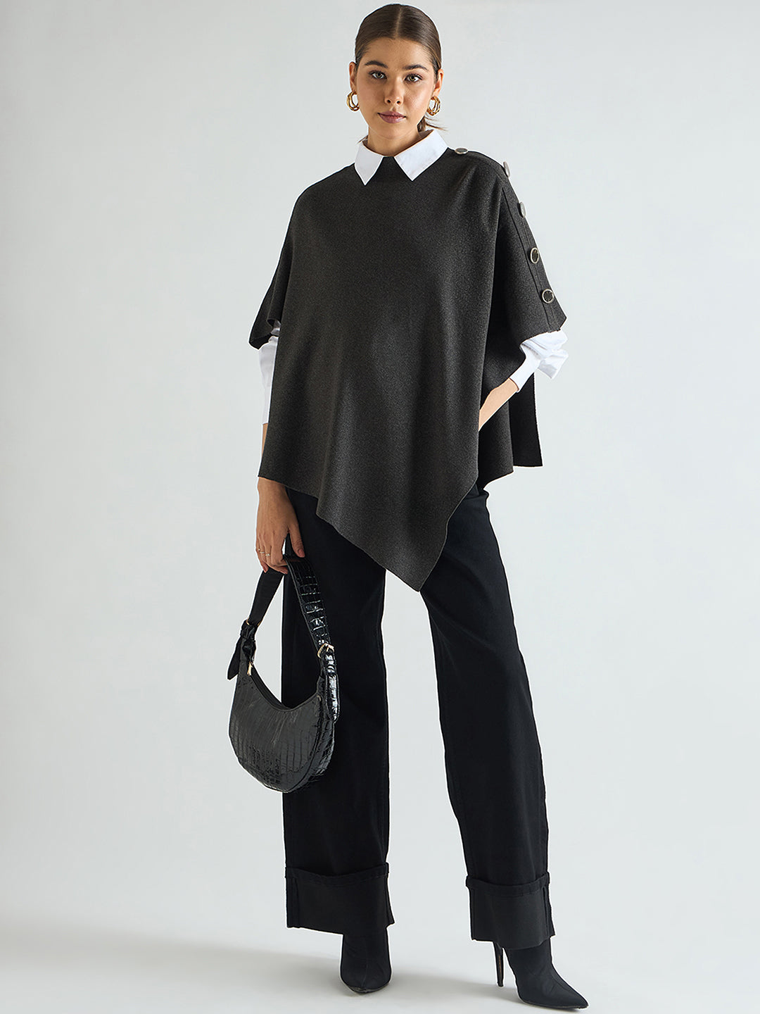 Charcoal Melange Asymmetric Sweater Cape