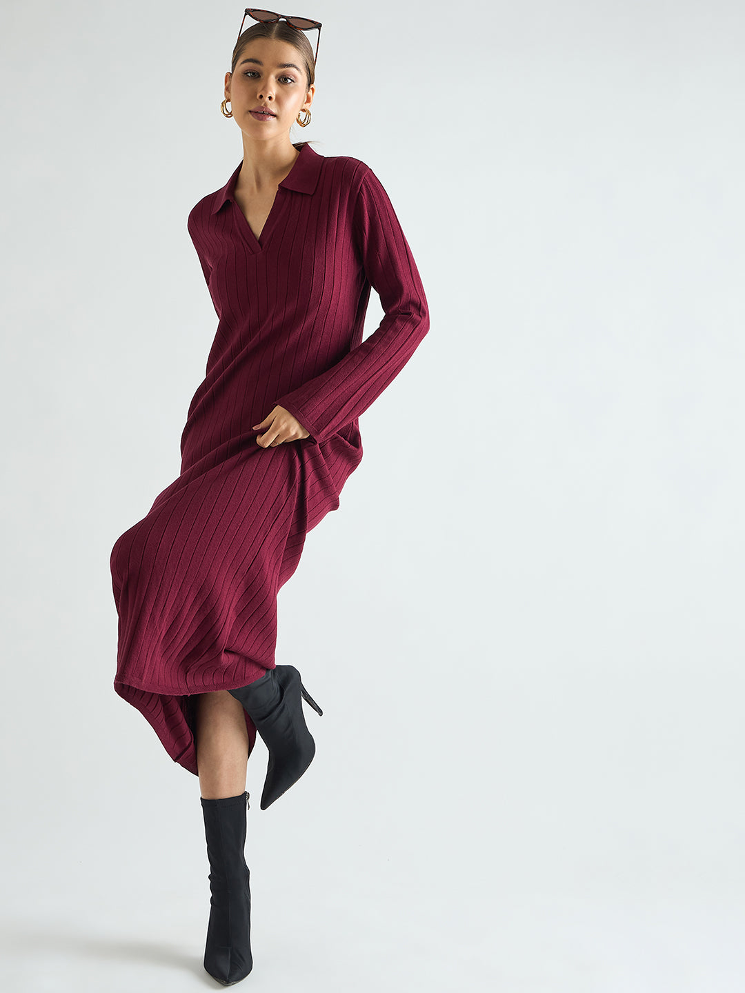 Wine Collared Sweater Maxi Dress