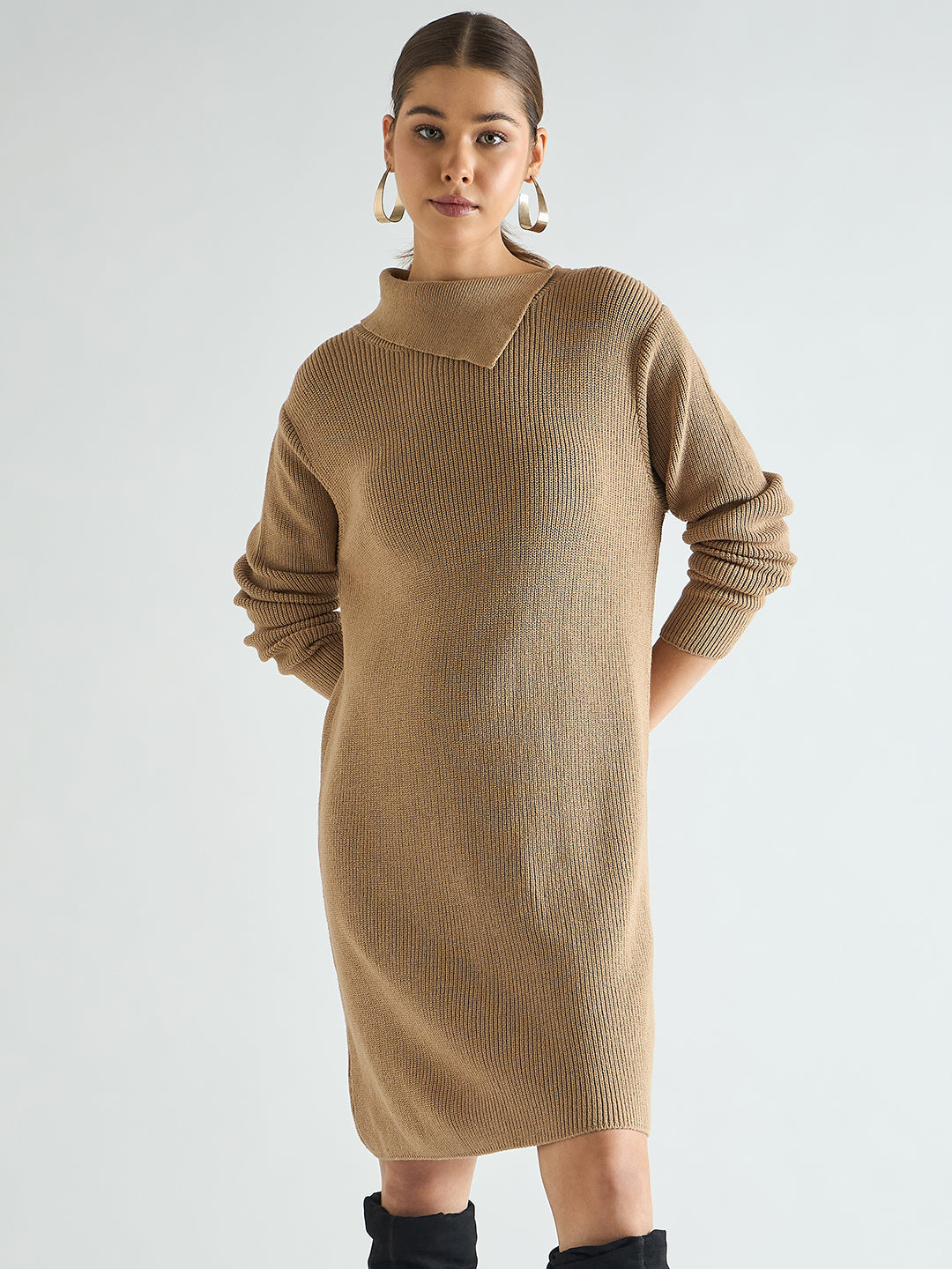 Beige High Neck Sweater Knee Length Dress