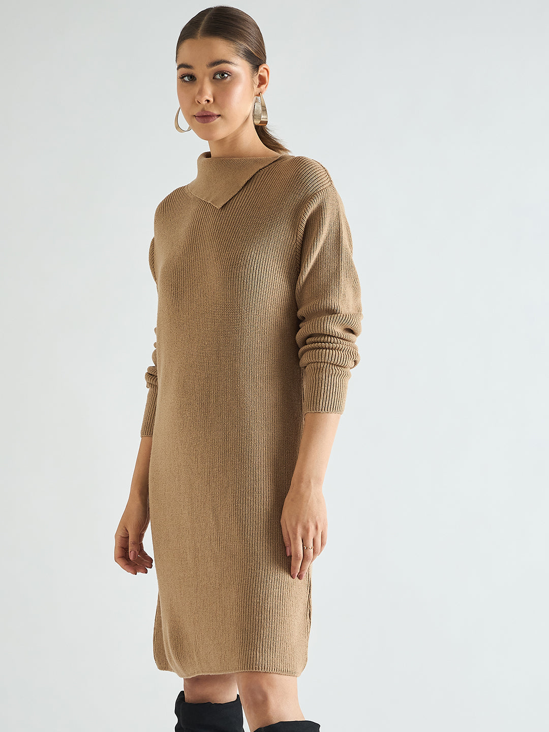 Beige High Neck Sweater Knee Length Dress