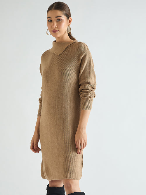 Beige High Neck Sweater Knee Length Dress