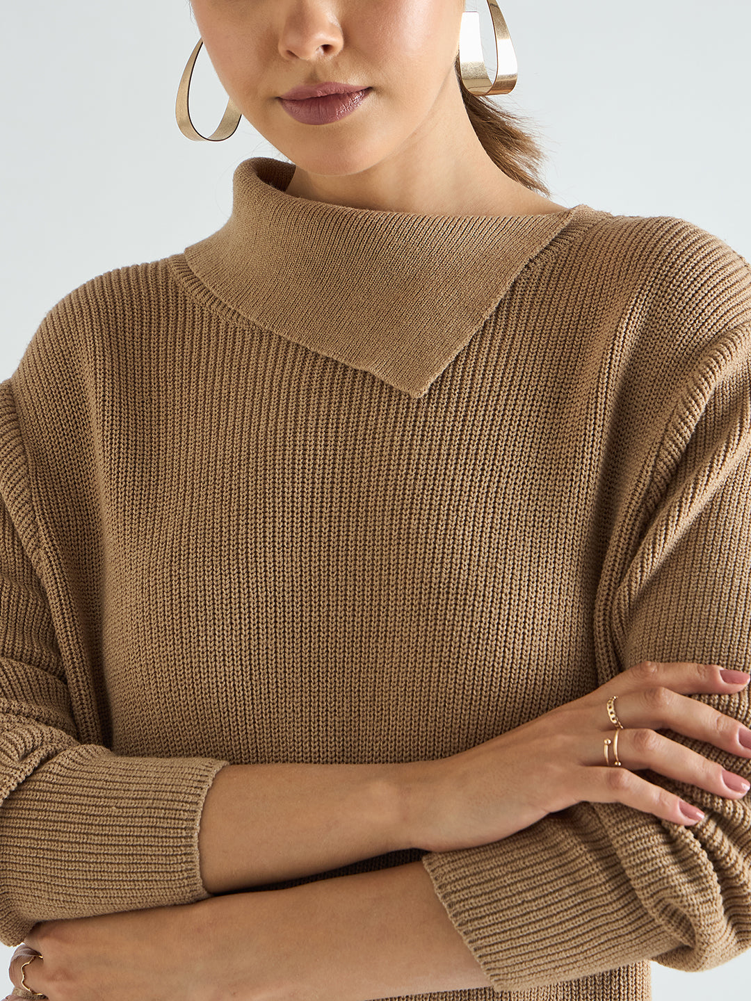 Beige High Neck Sweater Knee Length Dress