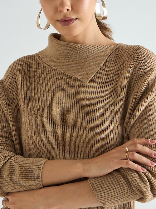 Beige High Neck Sweater Knee Length Dress
