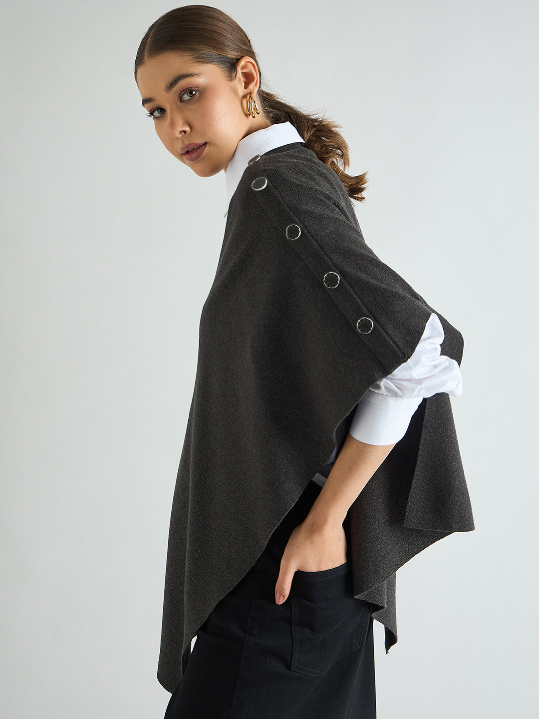 Charcoal Melange Asymmetric Sweater Cape