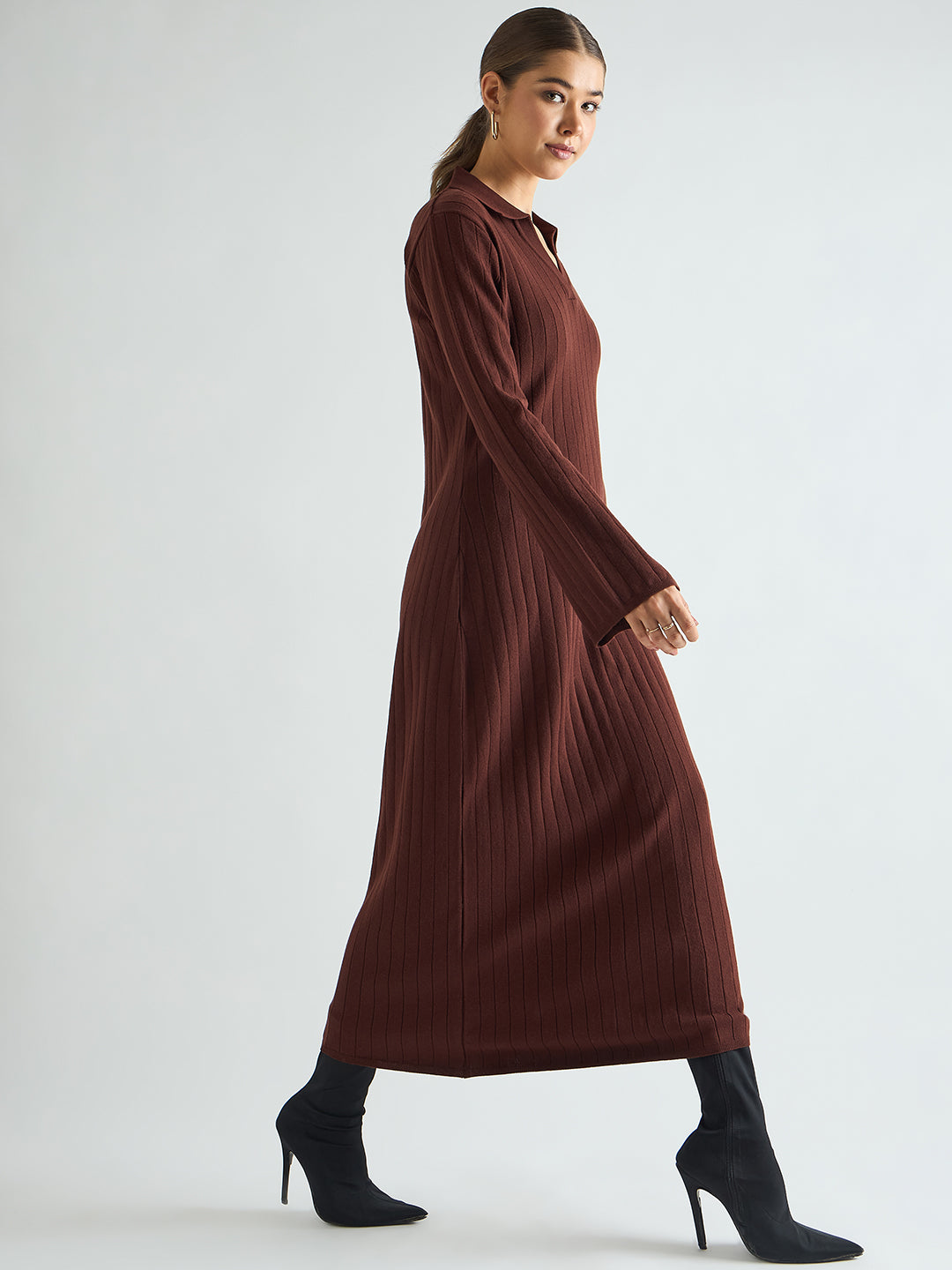 Coffee Brown Collared Sweater Maxi Dress