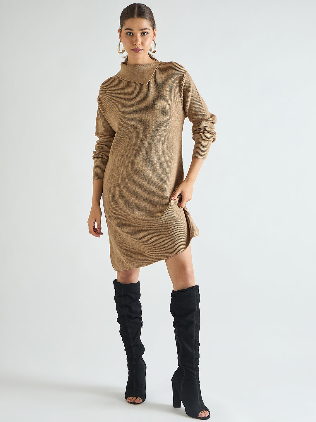 Beige High Neck Sweater Knee Length Dress