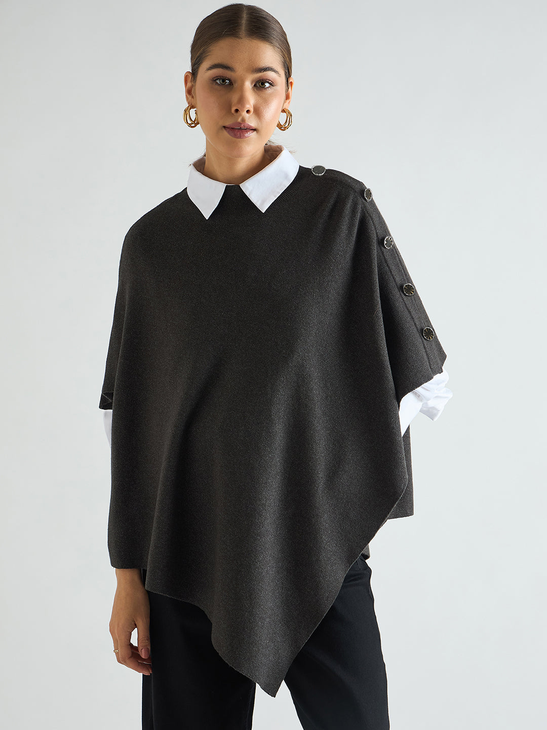 Charcoal Melange Asymmetric Sweater Cape