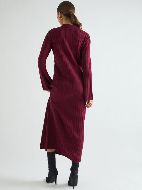 Wine Collared Sweater Maxi Dress