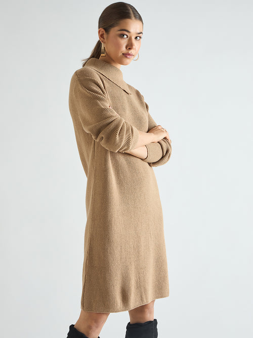 Beige High Neck Sweater Knee Length Dress