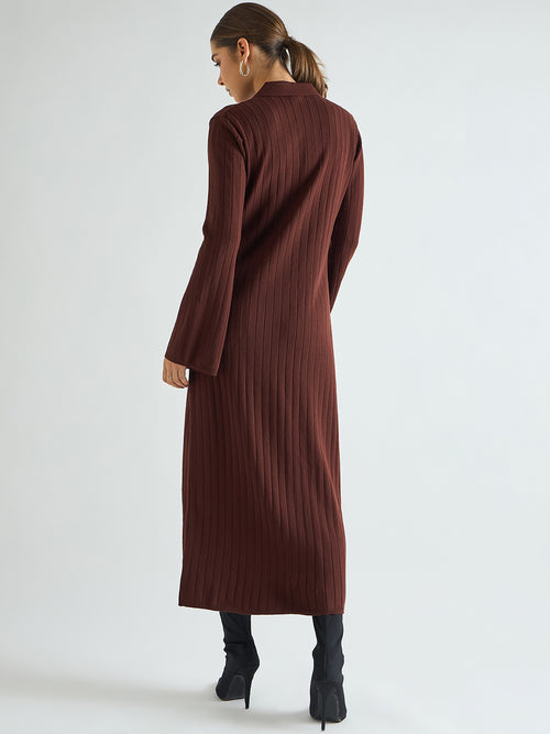 Coffee Brown Collared Sweater Maxi Dress