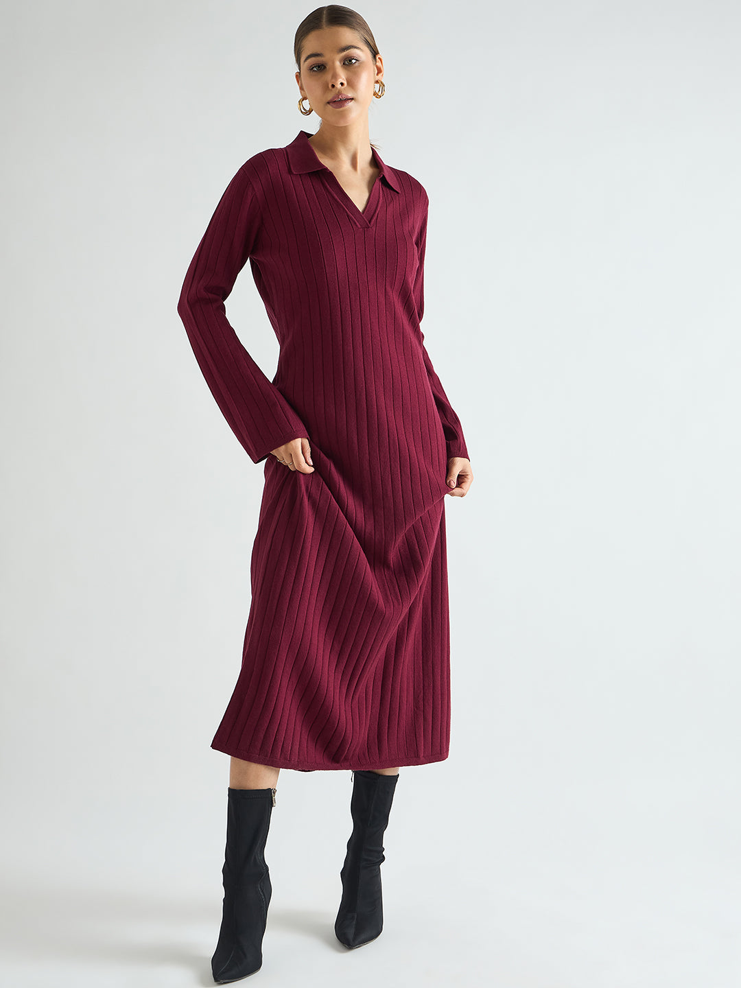 Wine Collared Sweater Maxi Dress