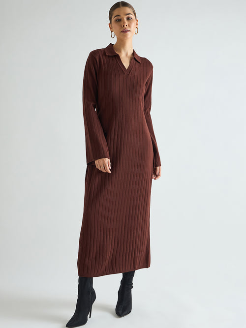 Coffee Brown Collared Sweater Maxi Dress