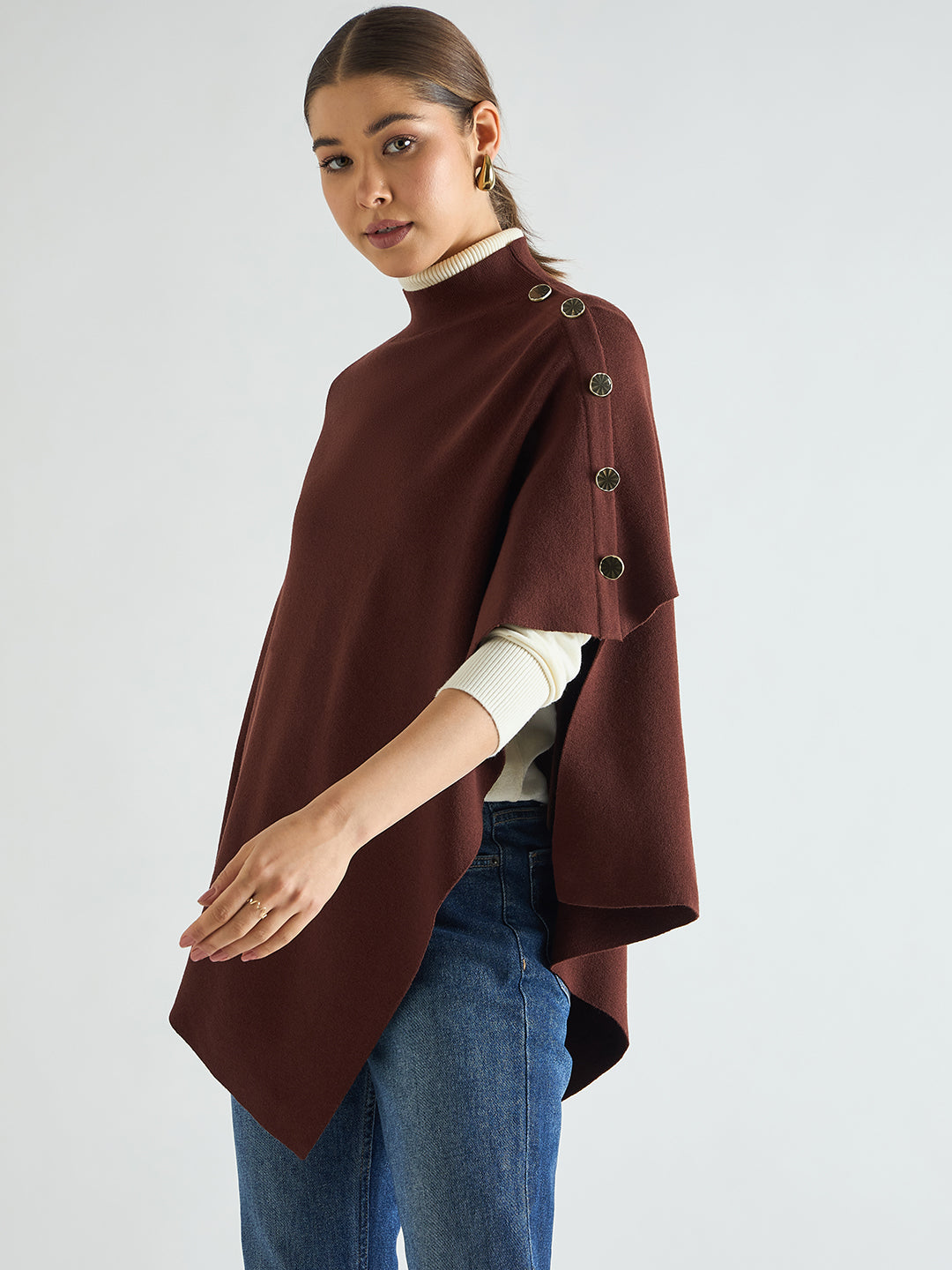 Coffee Brown Asymmetric Sweater Cape