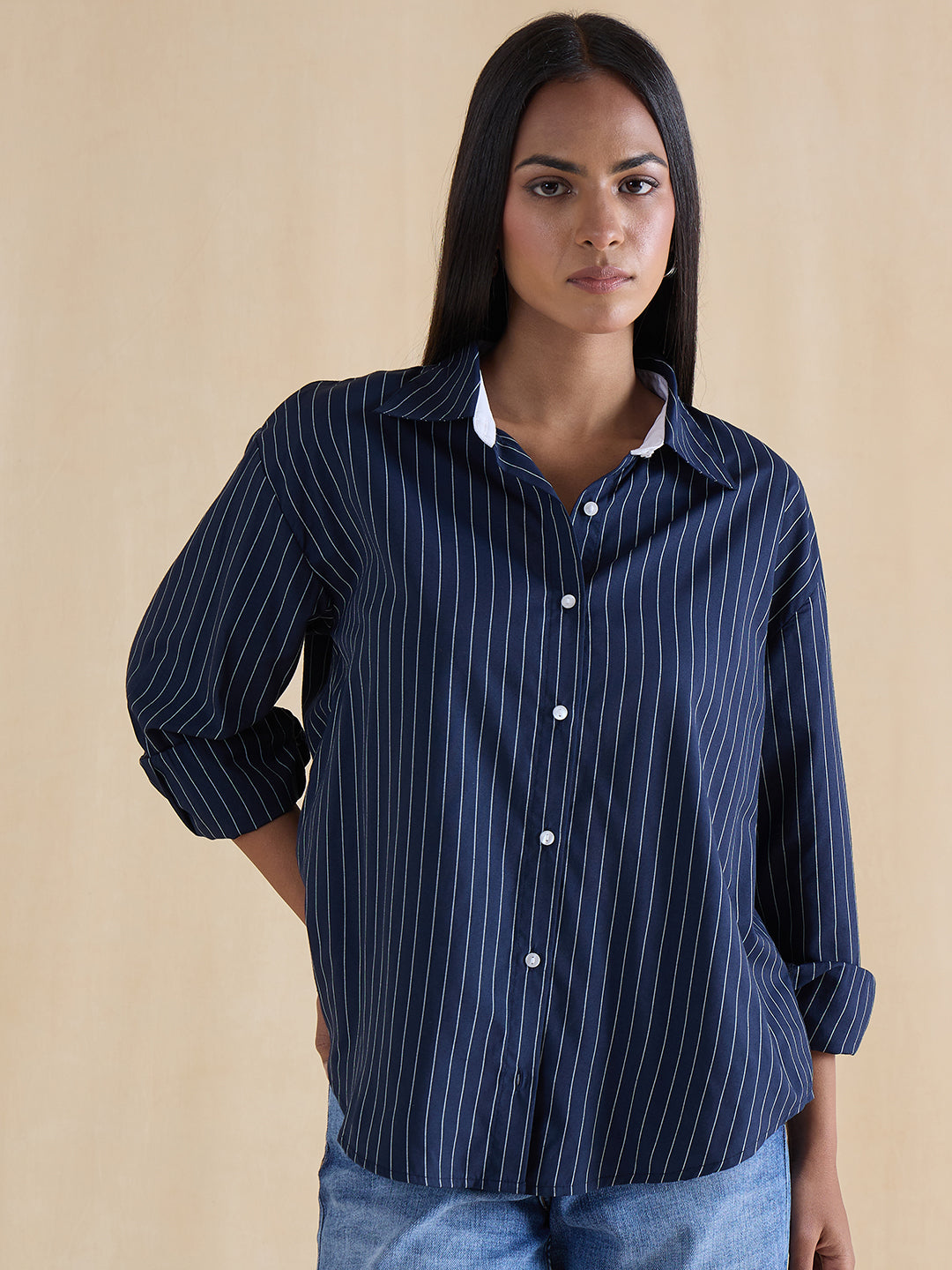 Navy Stripe Colorblock Oversized Shirt