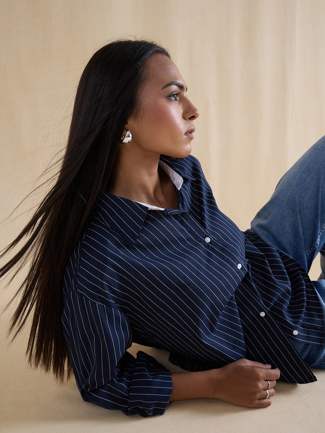 Navy Stripe Colorblock Oversized Shirt