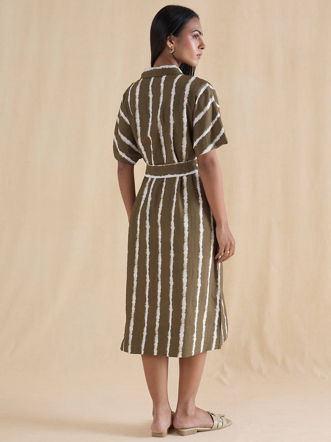 Green Abstract Stripe Shirt Midi Dress