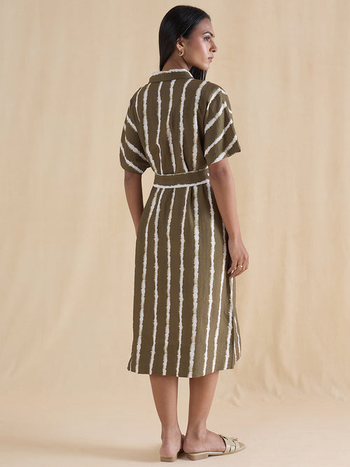 Green Abstract Stripe Shirt Midi Dress