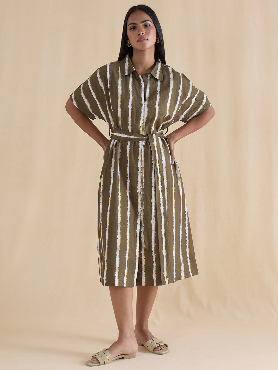 Green Abstract Stripe Shirt Midi Dress