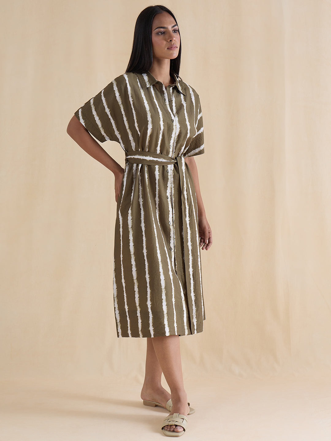 Green Abstract Stripe Shirt Midi Dress