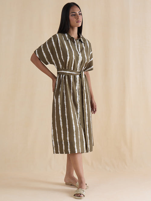 Green Abstract Stripe Shirt Midi Dress