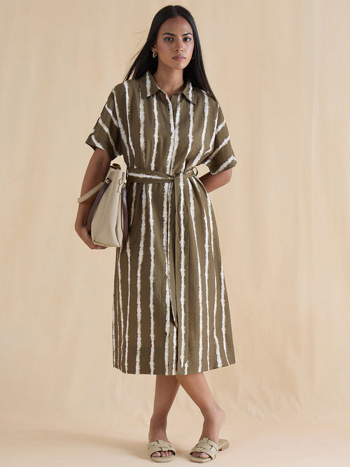 Green Abstract Stripe Shirt Midi Dress