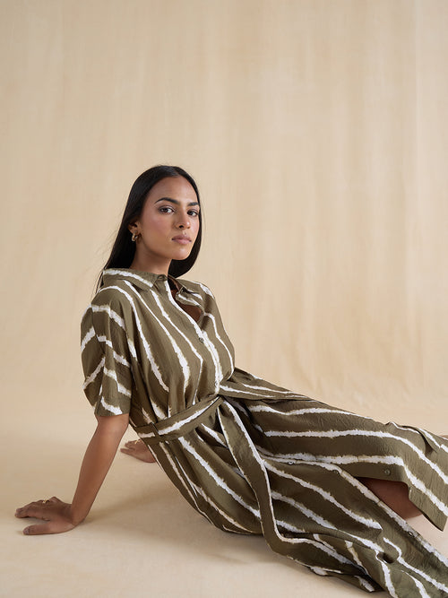Green Abstract Stripe Shirt Midi Dress