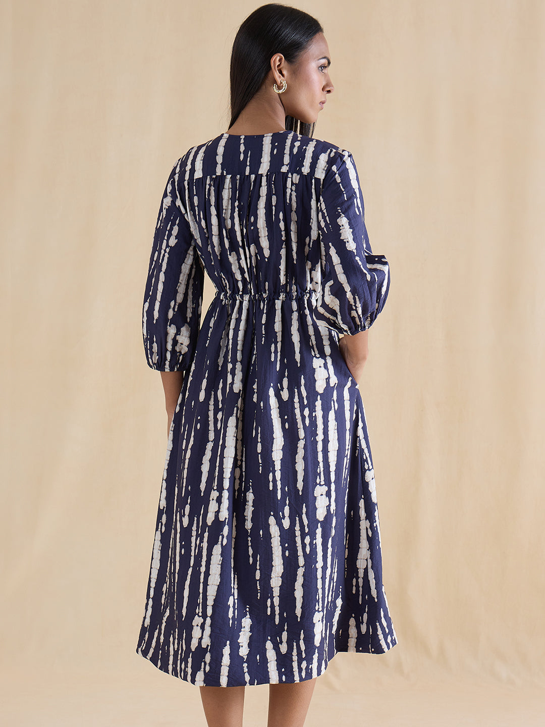 Navy Abstract Ruched Detail Midi Dress