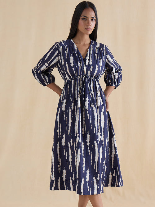 Navy Abstract Ruched Detail Midi Dress