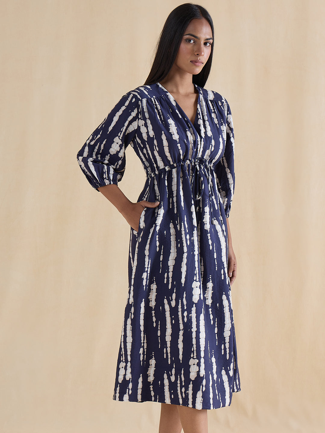 Navy Abstract Ruched Detail Midi Dress