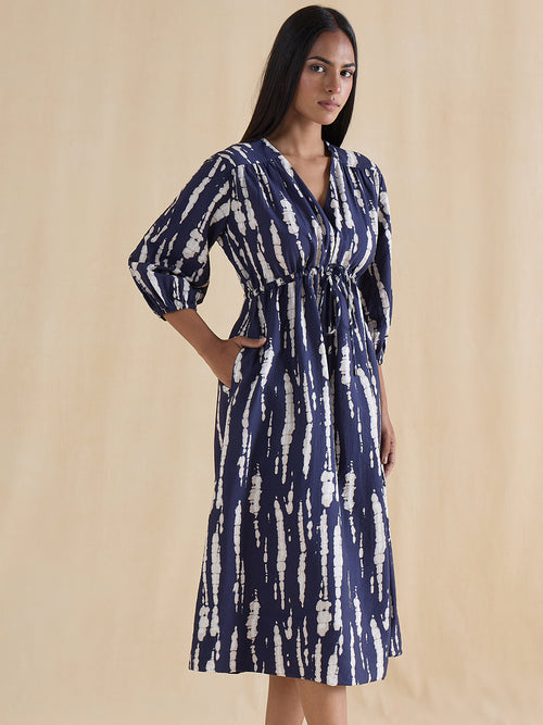 Navy Abstract Ruched Detail Midi Dress