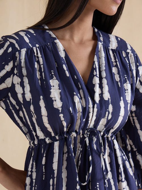 Navy Abstract Ruched Detail Midi Dress