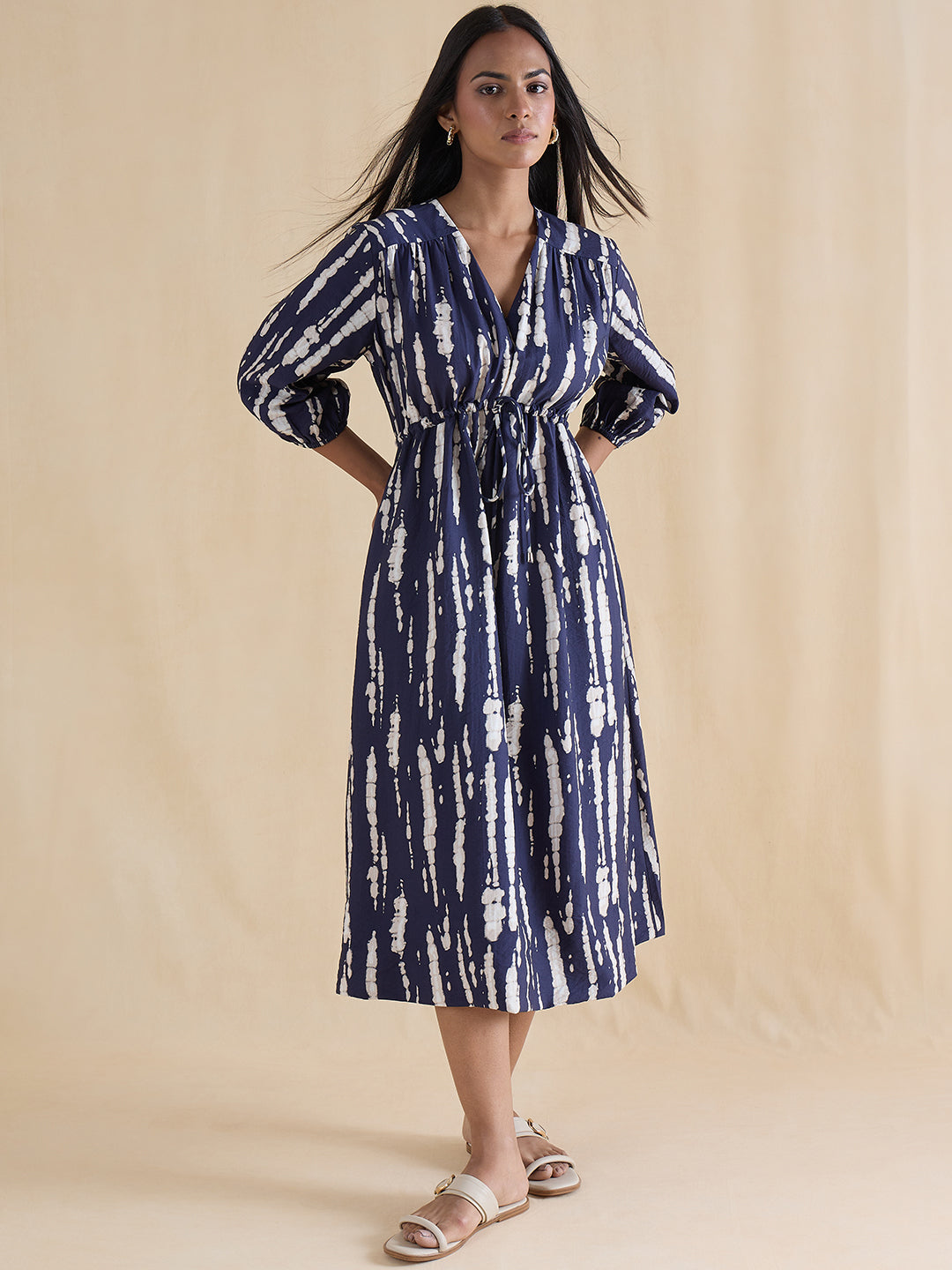 Navy Abstract Ruched Detail Midi Dress