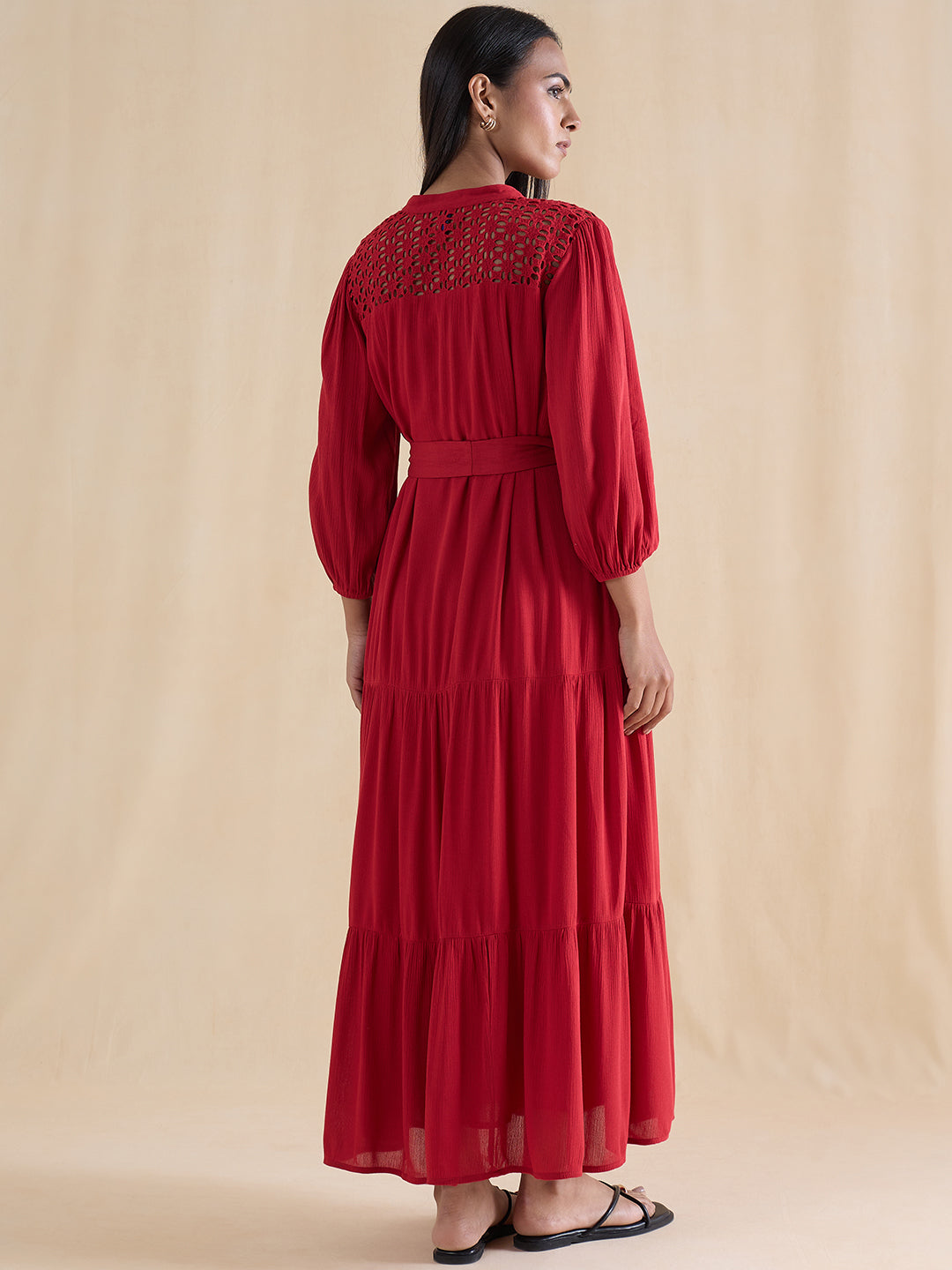 Red Schiffli Tiered Maxi Dress
