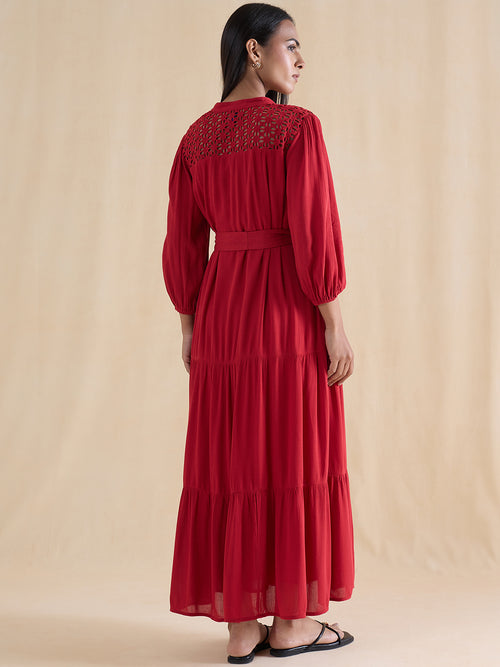 Red Schiffli Tiered Maxi Dress