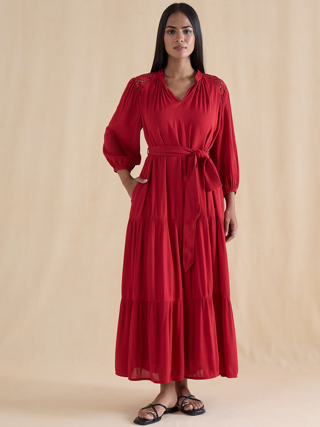 Red Schiffli Tiered Maxi Dress