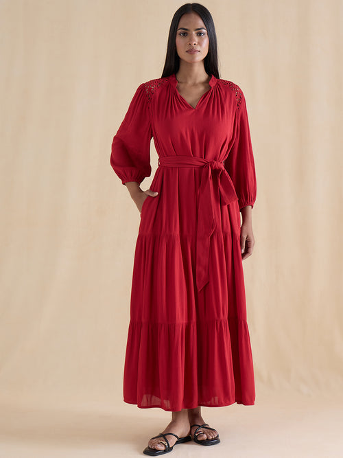 Red Schiffli Tiered Maxi Dress