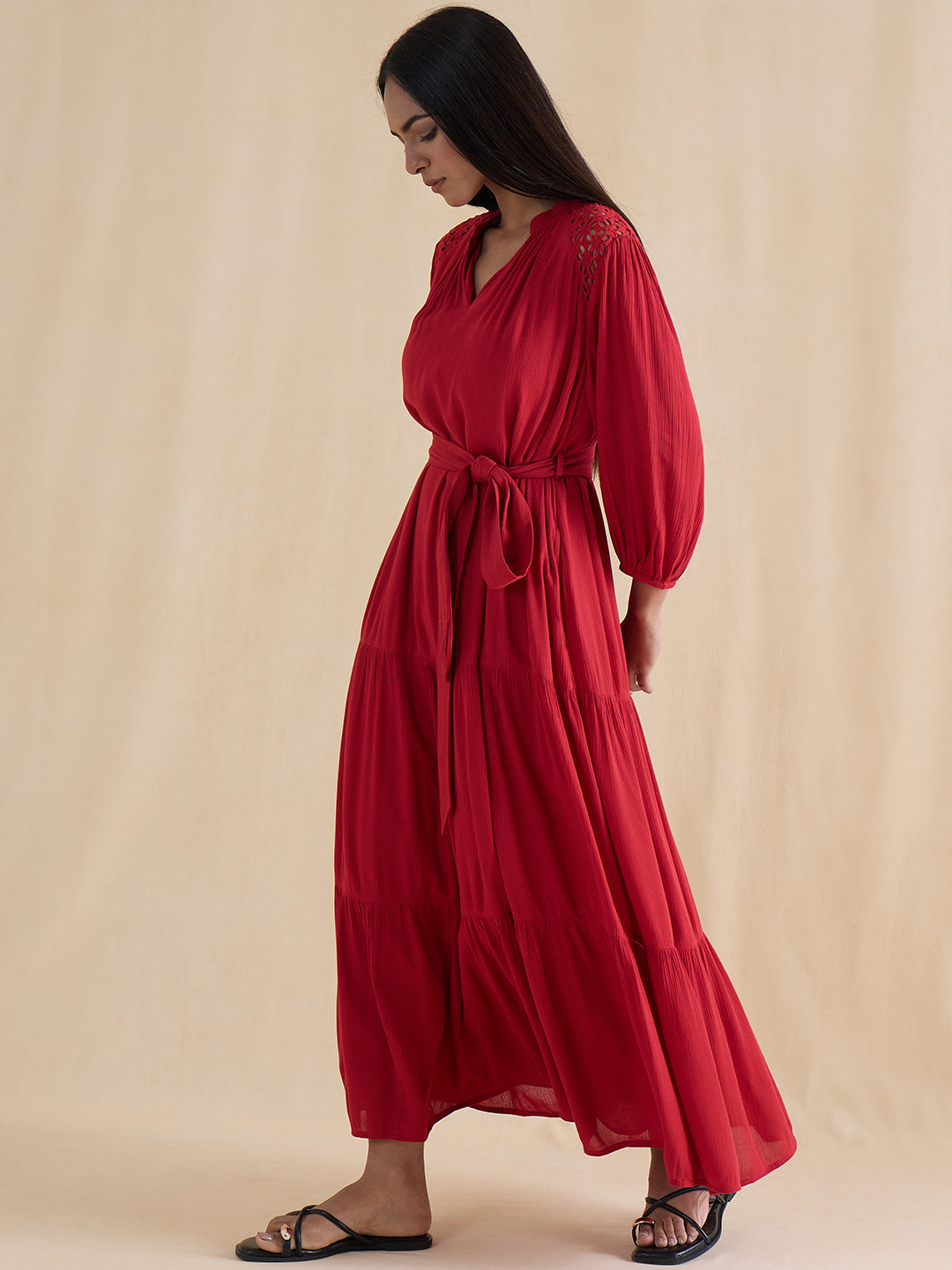 Red Schiffli Tiered Maxi Dress