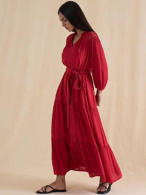 Red Schiffli Tiered Maxi Dress