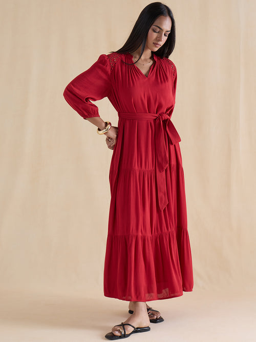 Red Schiffli Tiered Maxi Dress