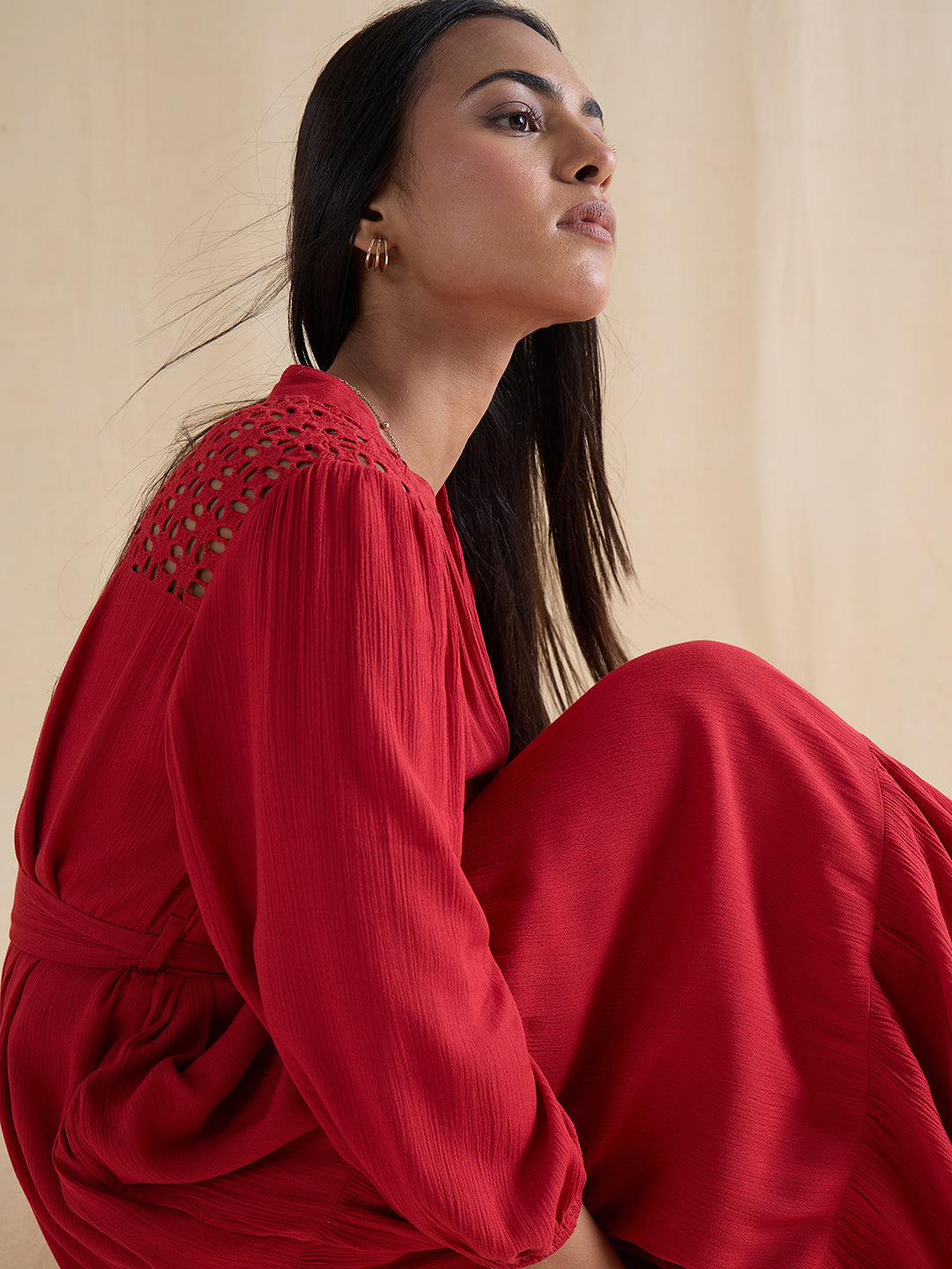 Red Schiffli Tiered Maxi Dress