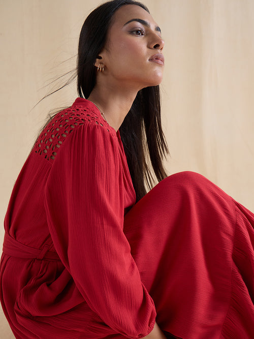 Red Schiffli Tiered Maxi Dress